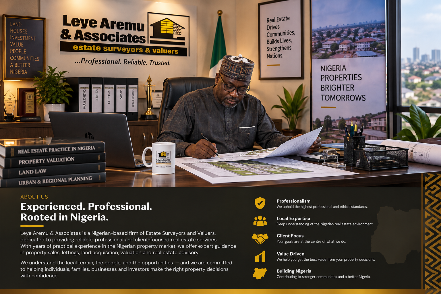 Nigerian estate surveyor and valuer reviewing property plans in a professional office